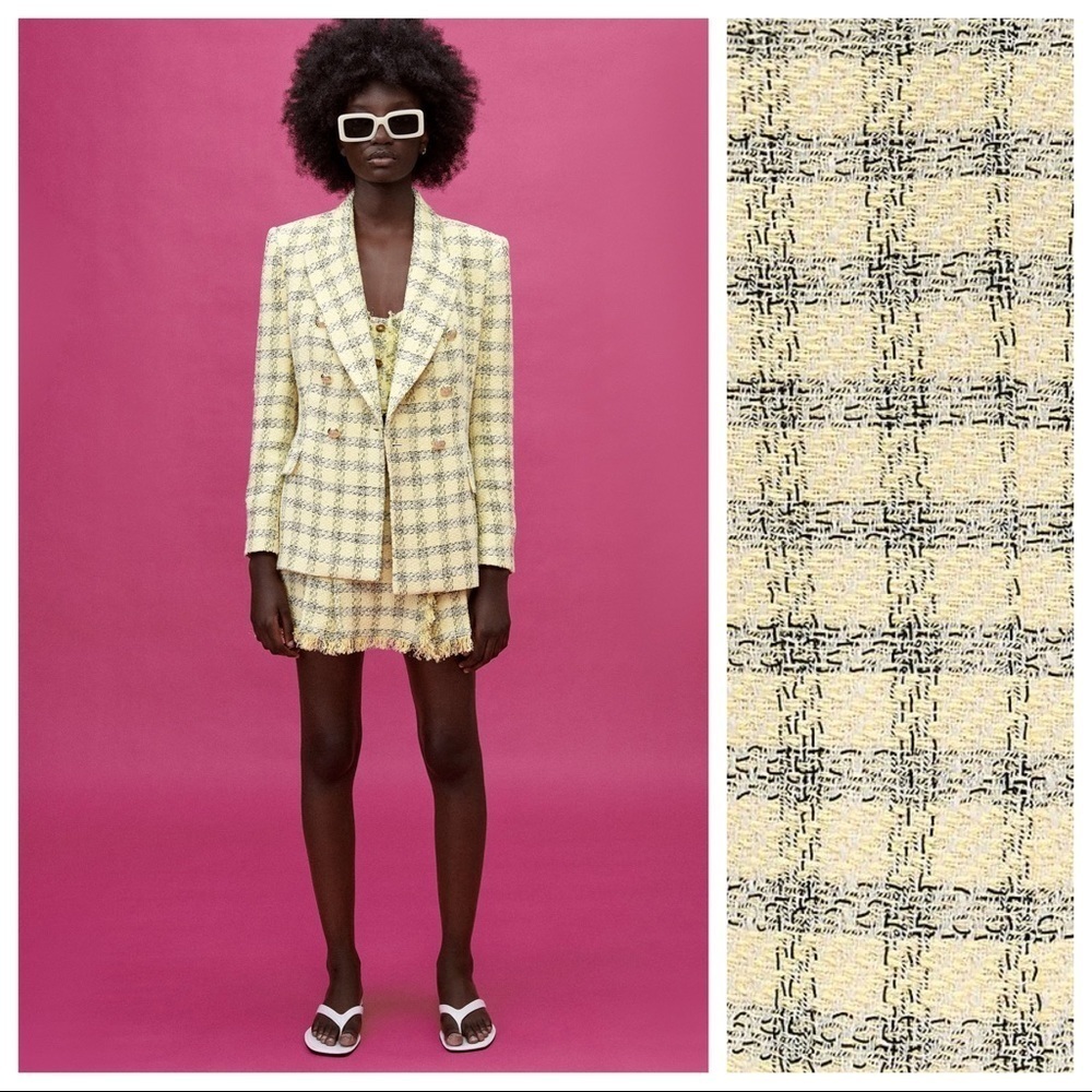 NWT. Zara Yellow/Black Textured Plaid Double Breasted Blazer. Size S.